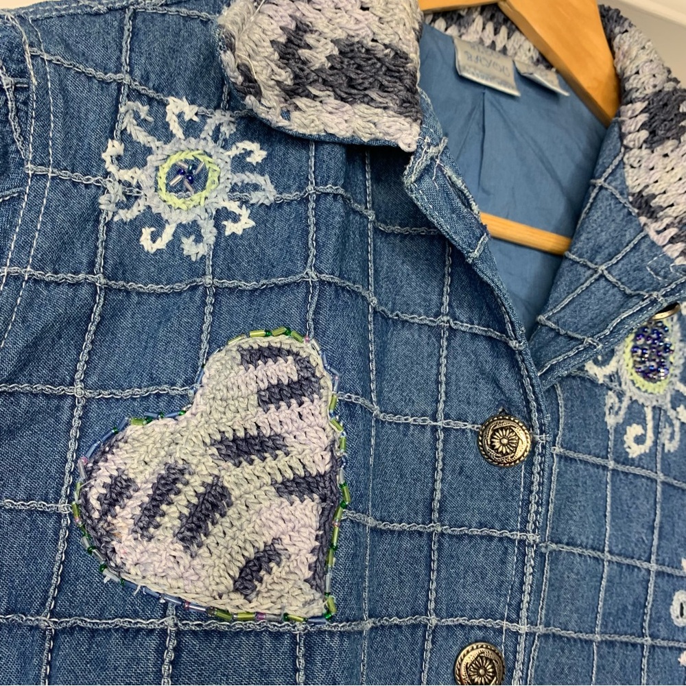 Blue Bayou Patchwork Embroidered Crochet Beaded Boho Denm jacket Women Size US S - Picture 8 of 16